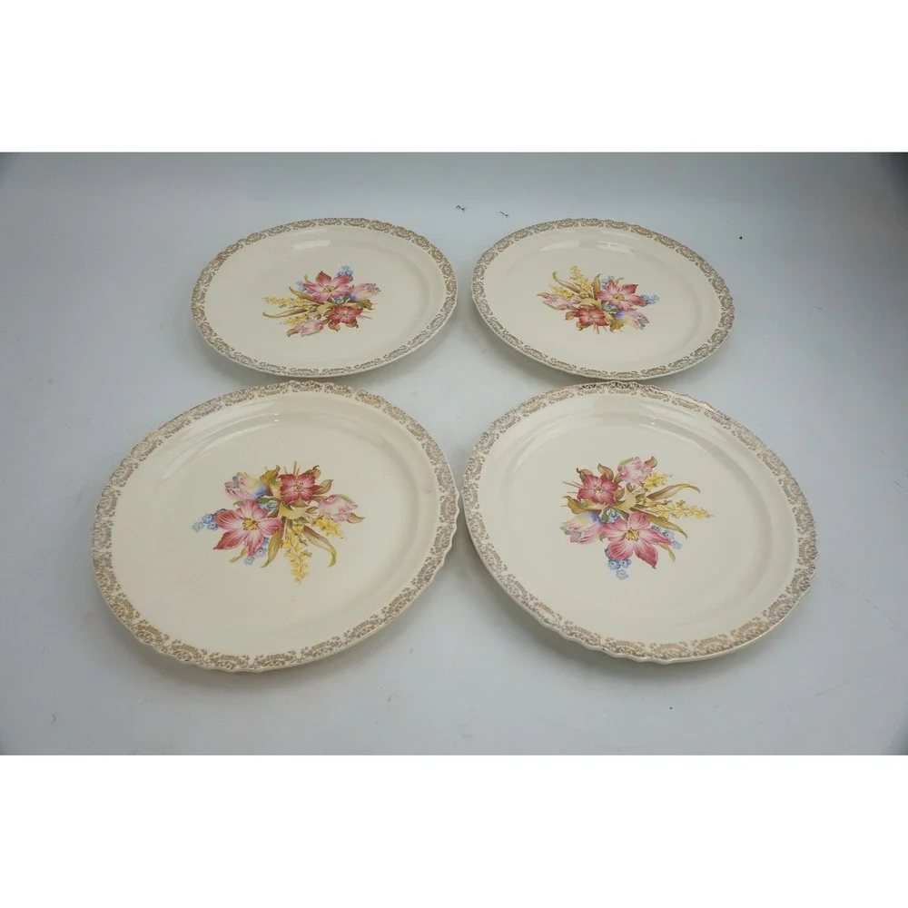 French Saxon China Dinner Plates Set of 4 Floral 22K Gold Trim Scalloped Good